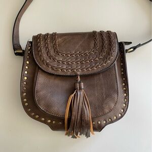Antik Kraft Boho Fringe Tassel Crossbody Bag Purse Vegan Faux Leather Brown